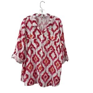 John Mark Pink Linen Roll Sleeve Collared Button Down Lagenlook Shirt Top XL